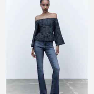 Zara textured navy tweed flare sleeves off the shoulder top